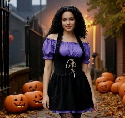Halloween Party Adults Witch Costume Velvet Dress & Purple Top Handmade Size L