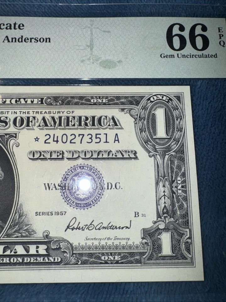 1957 $1 ⭐️ Note Silver certificate PMG 66 Gem EPQ S/N*24027351 A - Image 4 of 4