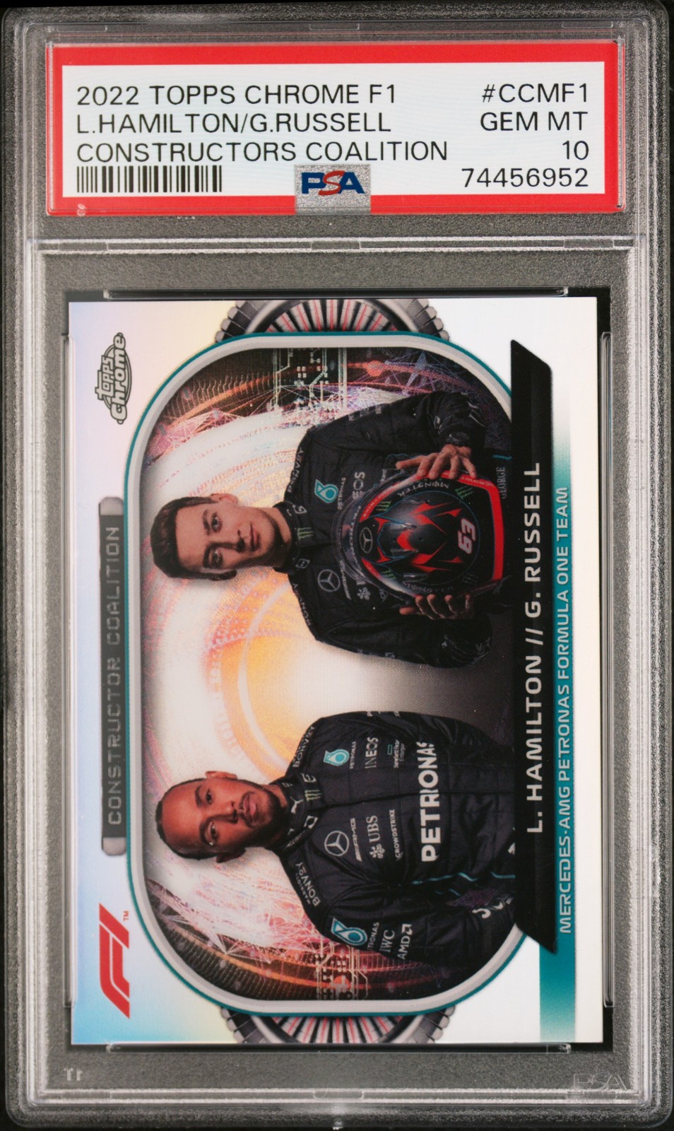 2022 TOPPS CHROME FORMULA 1 CONSTRUCTORS GEORGE RUSSELL/LEWIS HAMILTON PSA 10