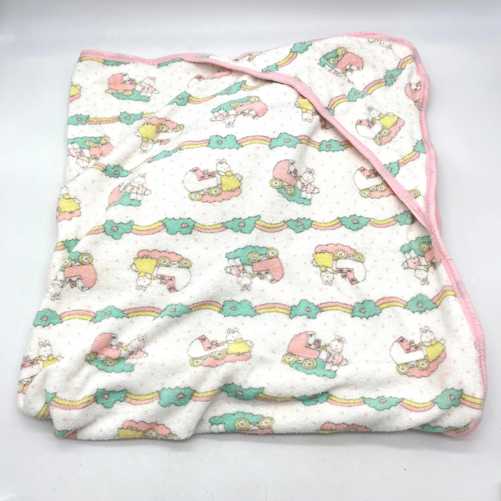 Vintage Carters Hooded Baby Towel Bunny Stroller Rainbow Pink Trim 100% Cotton
Opens in a new window