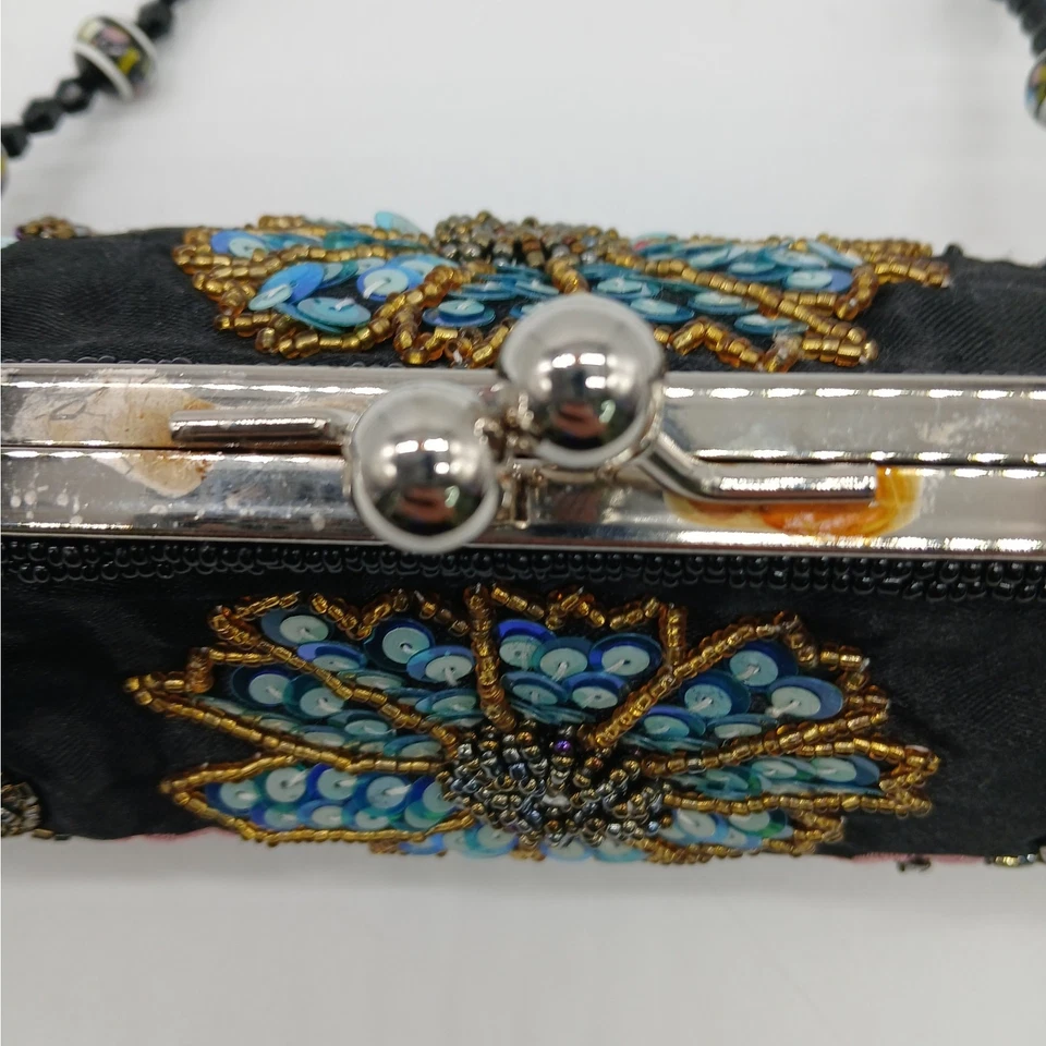 Bolso sin asas vintage satinado femenino delicado adornado lentejuelas cuentas broche beso Foto 4 de 4