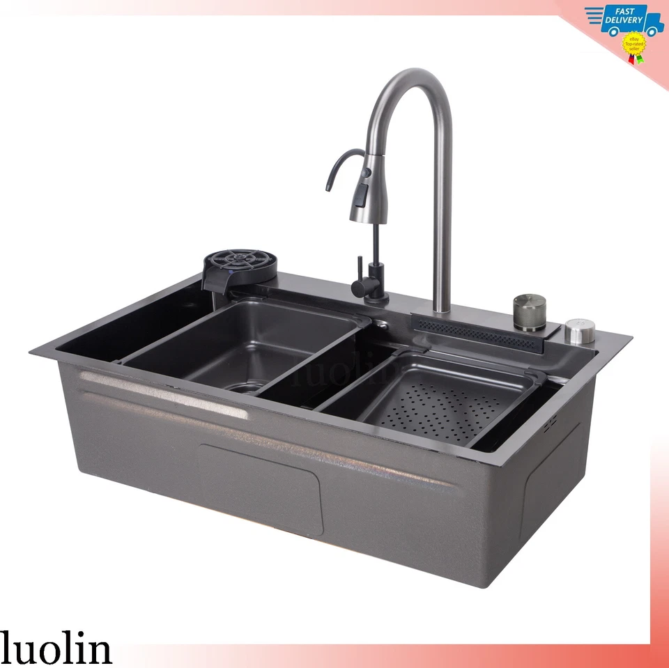 Nuevo fregadero de cocina Watefall de acero inoxidable para lluvia voladora con grifo abatible negro Foto 4 de 4