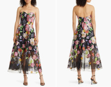 MARCHESA NOTTE Black Floral Embroidered Strapless Sweetheart Cocktail Dress 12