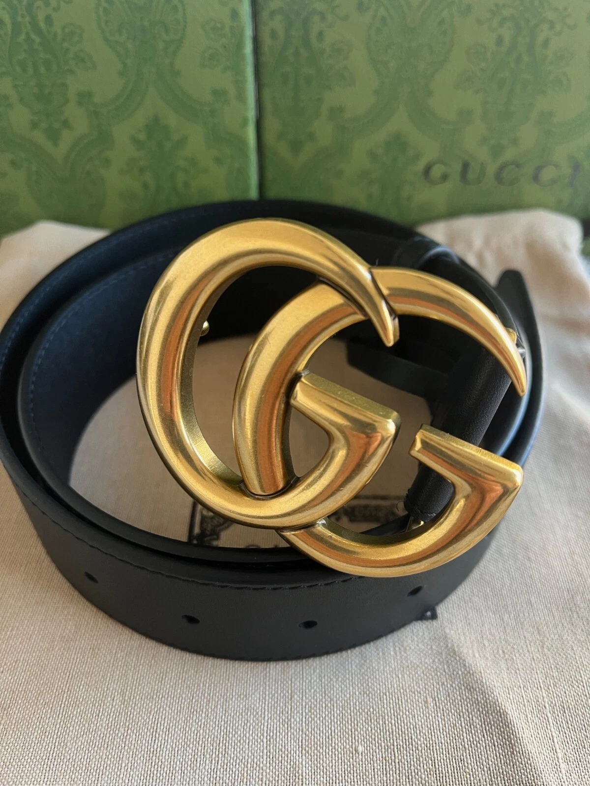 Gucci Ceinture en Cuir Noir avec Double Boucle GG Taille 115 cm, Taille 40/42