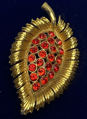 Vintage ''Lisner'' Gold Tone & Red Rhinestone Leaf Pin, Signed