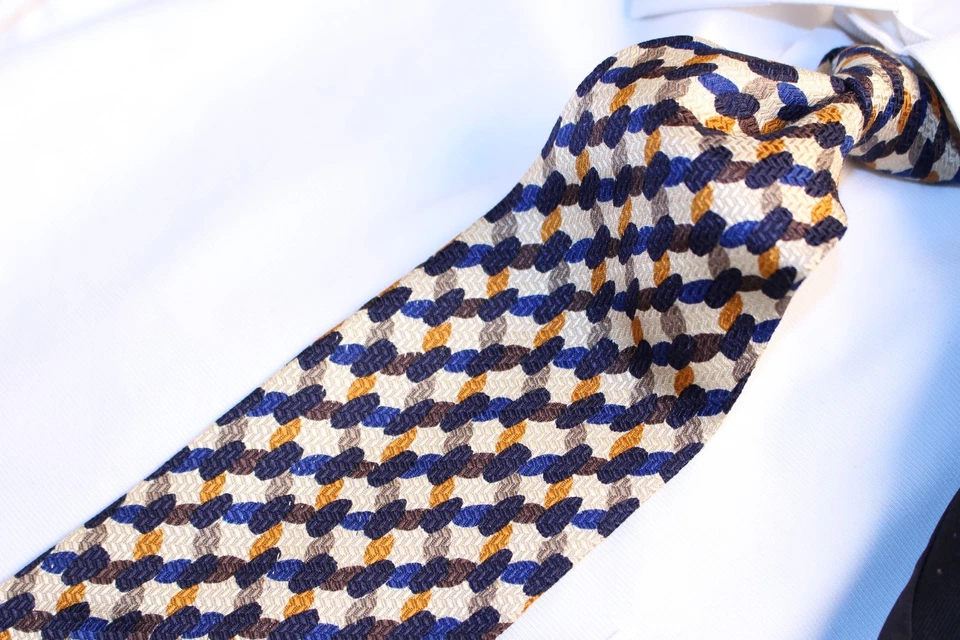 Corbata UNGARO PARIS Marfil Azul Naranja Verde Oliva Seda 58.5"L x 3.75"W Foto 4 de 4