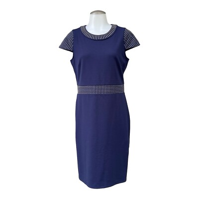 MICHAEL KORS Womens M Studded Dress Mid Pencil Cocktail Cap Sleeve Stretch  NAVY