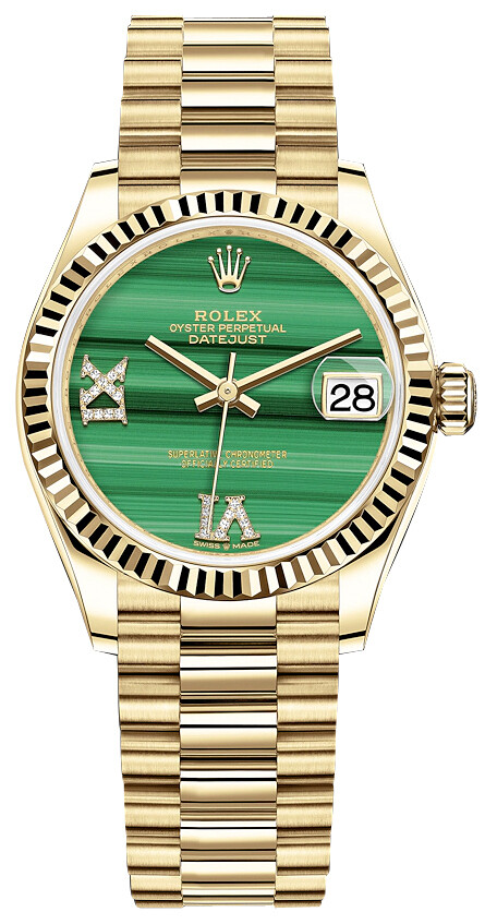 Rolex President 31mm 18kt Yellow Gold Fluted Bezel Green Malachite