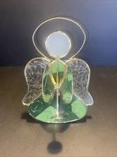 VTG Christmas Stained Glass Angel Playing Horn Votive Candle Holder Green Gold