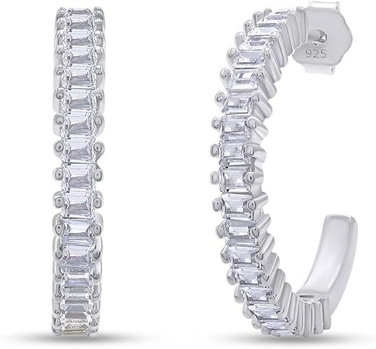 C-Shaped Hoop Earrings Baguette Cut Cubic Zirconia 14K Gold Plated Sterling