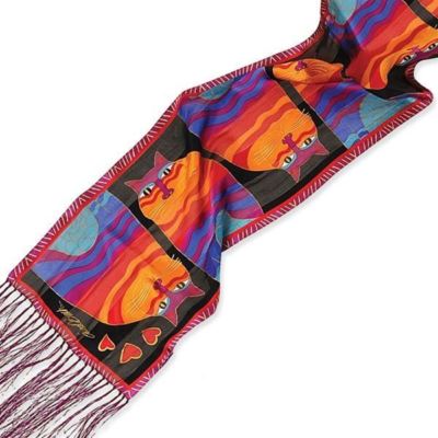 Laurel Burch Silk Scarf   ''Rainbow Cats''  with Fringe 12'' x 54''