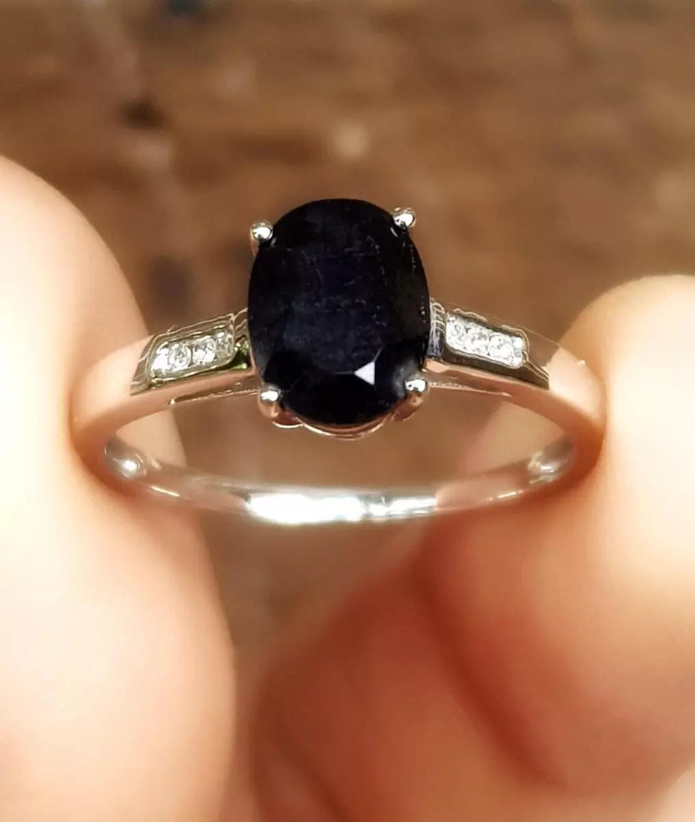 1.61ct Natural Black Sapphire Diamond Solid White 9K Gold Ring