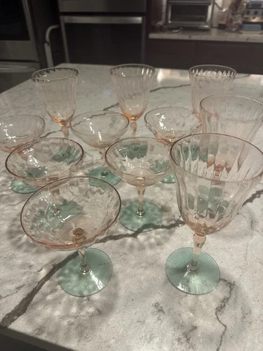 Vintage Pink & Green Cocktail & Wine Glasses Stemware Depression Glass Set Of 11