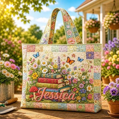 Personalized Floral Book Theme Quilted Tote Bag, Custom Colorful Patchwork Garde