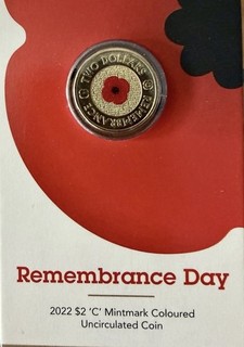 2022 $2 Coin Remembrance Day ANZAC Red Poppy UNC C Mint Mark