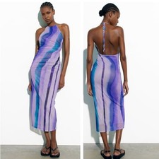Zara halter marble print mesh fabric Purple midi dress size L