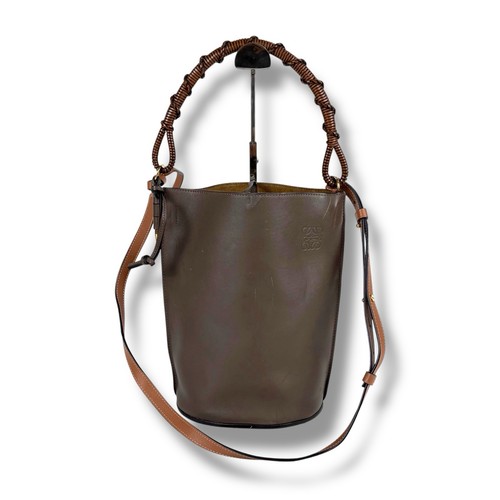 LOEWE Gate Top Handle Bucket Bag Leather Medium Anagram Brown Used Authentic