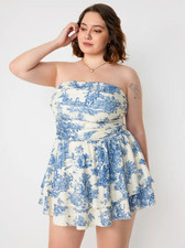 Cider Toile de Jouy Shirred Ruched Mini Dress XL NWT Blue White Square Neck