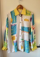 VINTAGE-AU 12-14-PATCHWORK SEASHELL PRINT MULTI COLOUR 80s SHIRT BLOUSE TOP