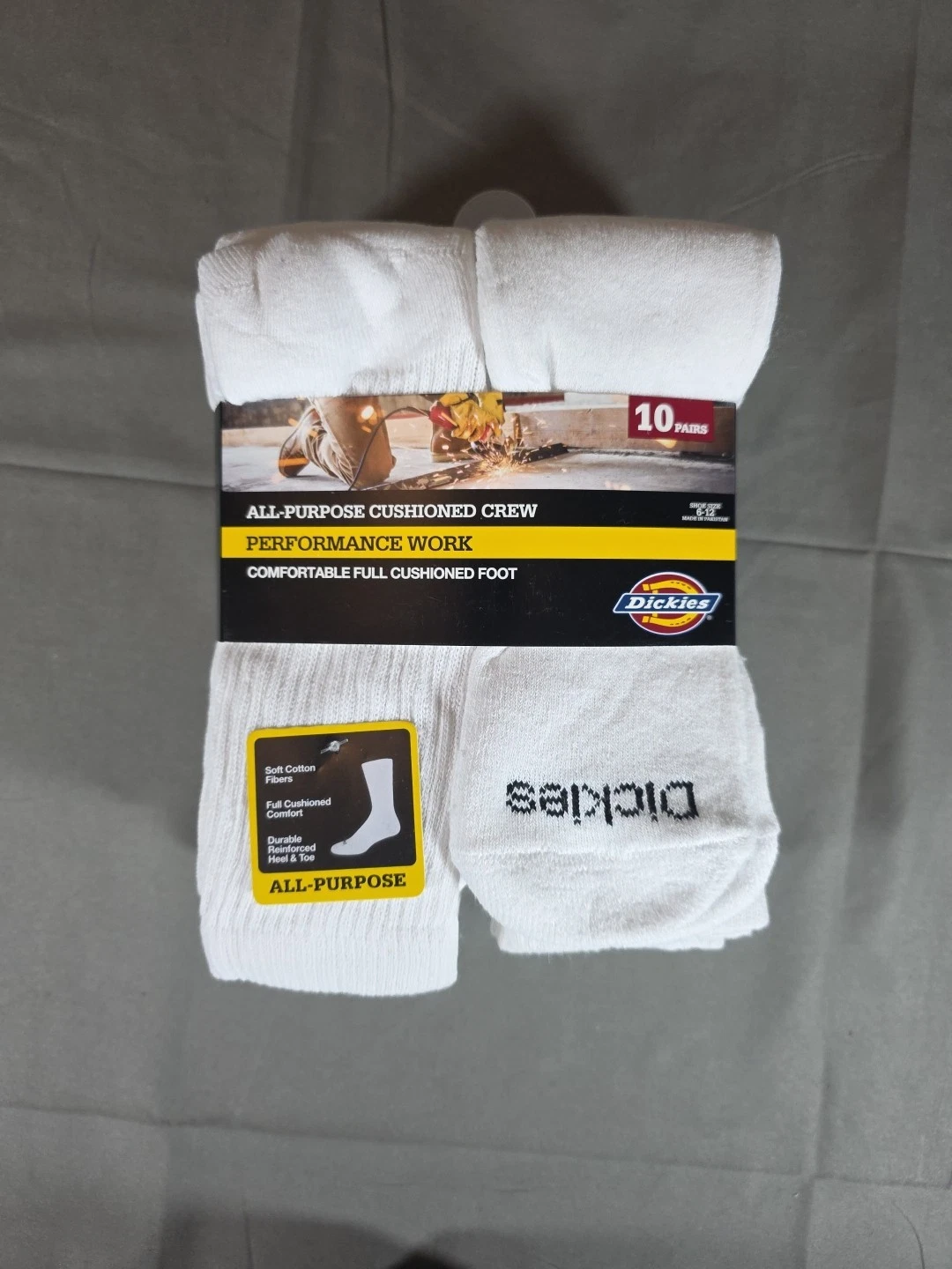 DICKIES Men's All Purpose Cushion Crew Work Socks White Size 6-12 - 10 Pairs