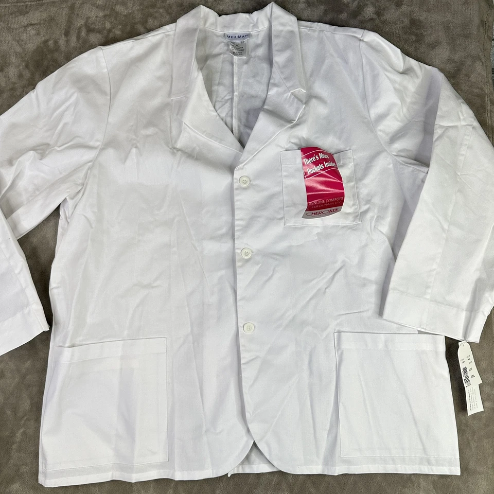 Med-Man Short Sleeve Pharmacist Lab Coat Jacket Adult 2XL White Buttons Pockets - Image 2 of 4