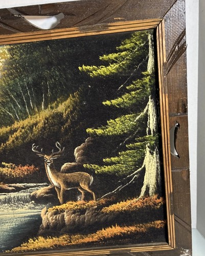 Vintage Velvet Painting Rustic Frame Nature Forest Scene Buck Deer and waterfall - Afbeelding 12 van 18