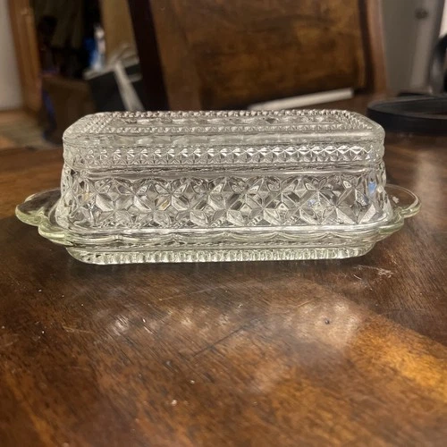 Vintage Clear Glass Anchor Hocking Wexford Diamond Pattern Butter Dish w/Lid