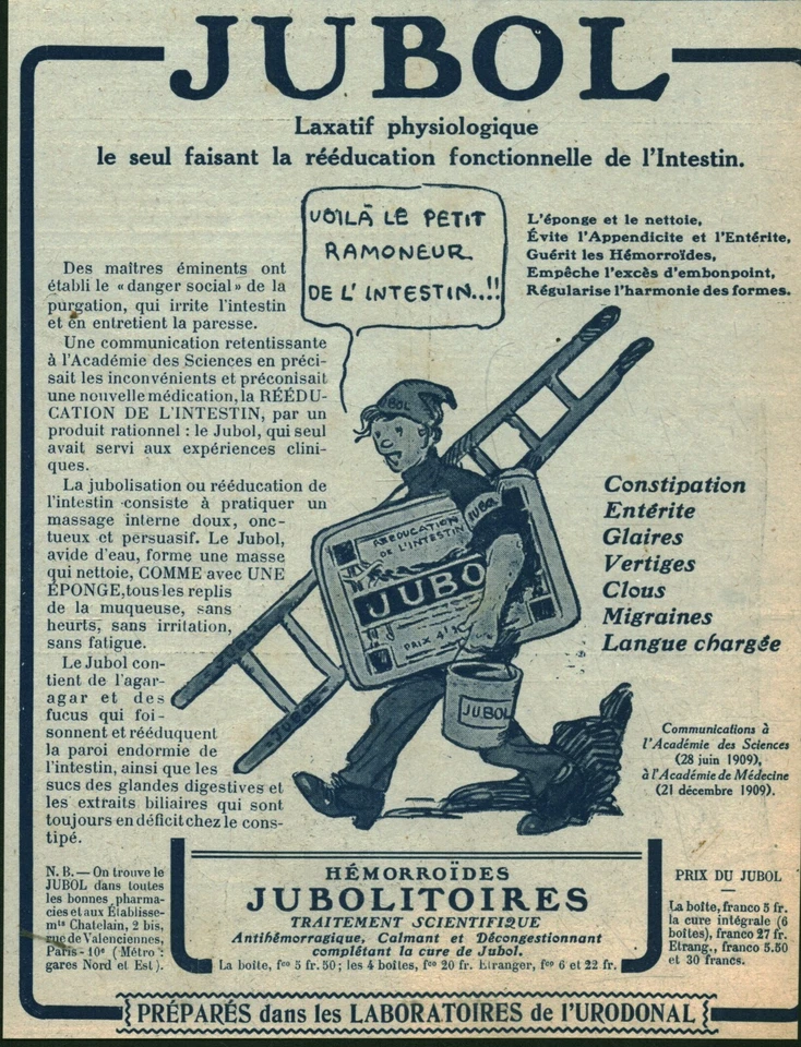 Publicité ancienne Jubol  rééduque l'intestin 1915 ou 1916  issue de magazine - Photo 1/1