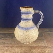 Vintage White Blue Striped Speckled Redware Pottery Pitcher Jug Vase 6”Dia x 8”H