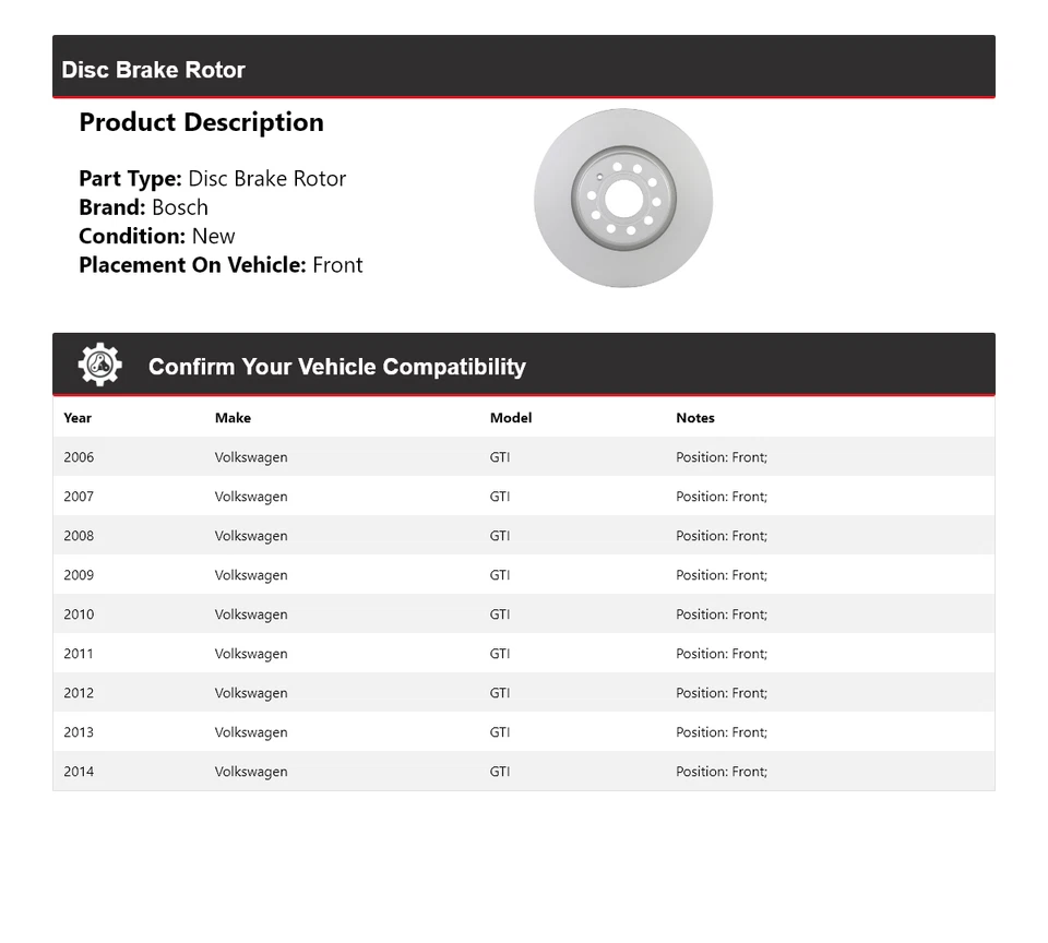 Rotor de freno de disco delantero QuietCast 2007 2008 para Volkswagen GTI Bosch 2006-2014 Foto 2 de 4