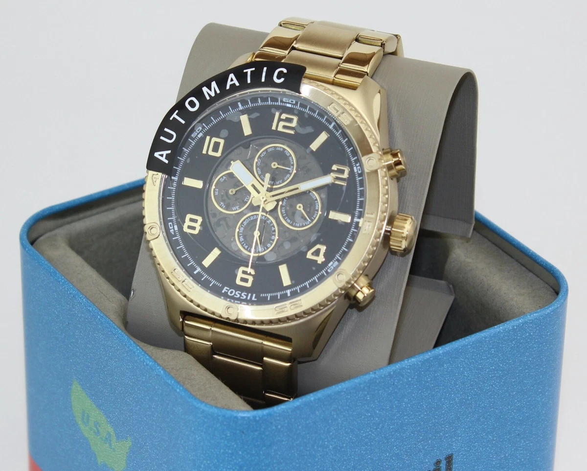 NEW AUTHENTIC AUTOMATIC FOSSIL BROX GOLD BLACK SKELETON CHRONO BQ2667 MENS WATCH