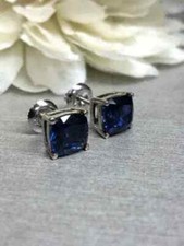 Halo Stud Earrings 14K White Gold Plated 4Ct Cushion Cut Blue Sapphire Diamond