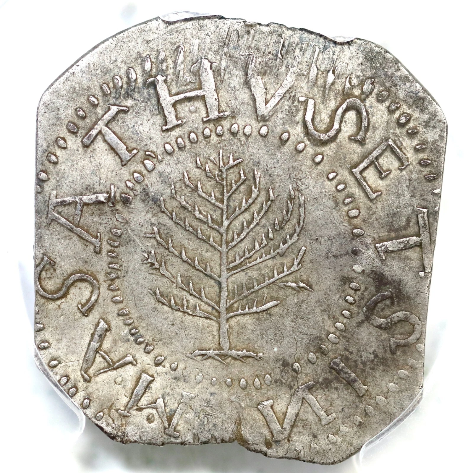 1652 Noe-6 R-6- PCGS AU55 Lg Plan Pine Tree Shilling Massachusetts Silver Coin