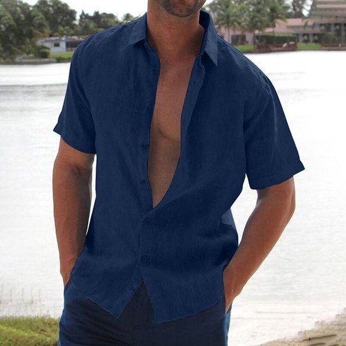 Men's Casual Button Down Shirts Short Sleeve Beach Linen Cotton Summer Shirt US - Picture 9 of 20