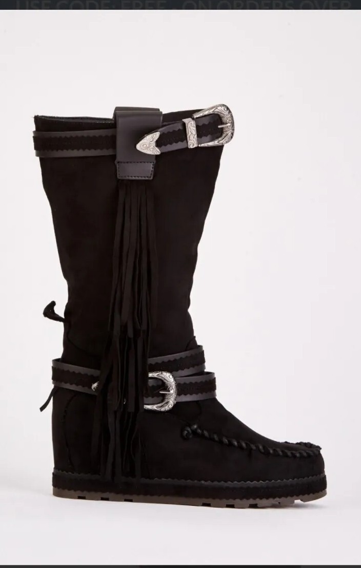 Nuevas botas negras talla 3 para mujer con tacón de cuña suaves de gamuza sintética con hebillas y borlas