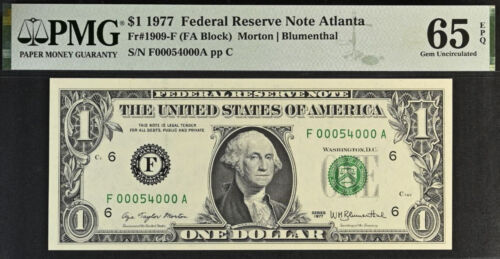 1977 $1 Federal Reserve Note PMG 65EPQ - Birthday Fancy Serial Number 00054000 - Picture 2 of 3