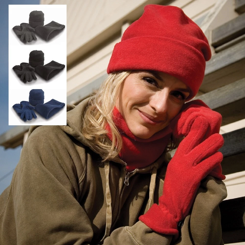 GREY NAVY RED or BLACK Warm Fleece Accessory Set - Hat Neck Warmer + Gloves