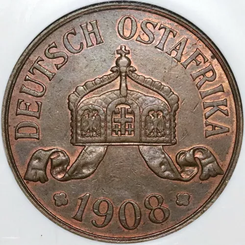 1908-J NGC AU 58 German East Africa 5 Heller Colonial Bronze Coin (22051102C)