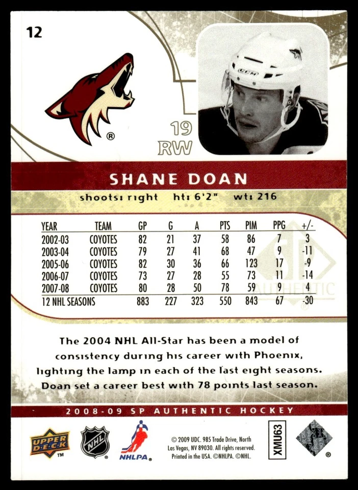 2008-09 SP Authentic Limited Shane Doan 007/100 Phoenix Coyotes #12 - Image 2 of 2