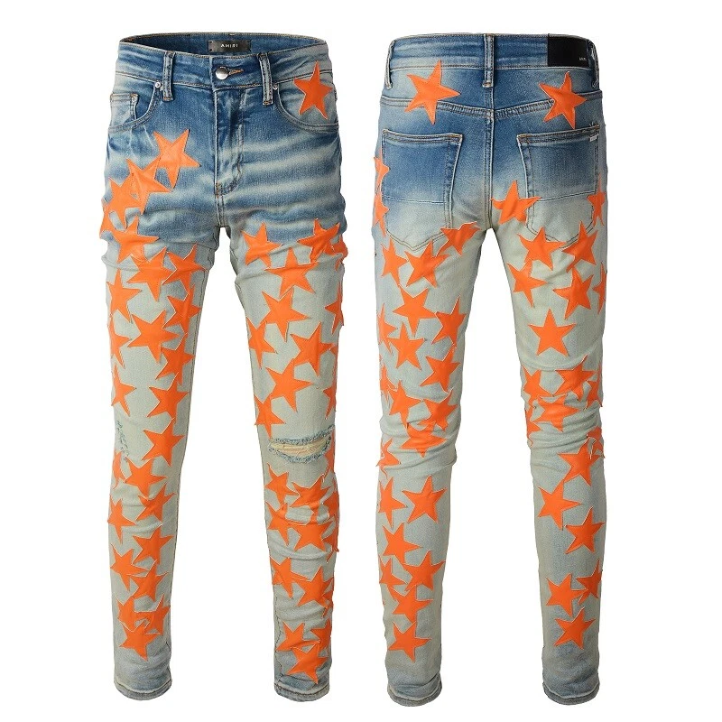 Men s Ripped Orange Star PU Patchwork Sanding Skinny Fit Stretch Denim Jeans