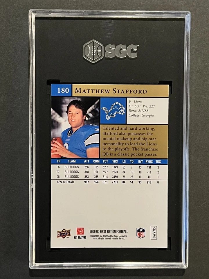 2009 Upper Deck Rams Matt Stafford RC #180 Rookie 1st Edition Card SGC 9 MINT - Image 2 of 2