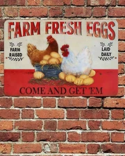 Farm Fresh Eggs Laid Daily Sign Aluminum Metal 8"x12" Rustic Retro Aged Design