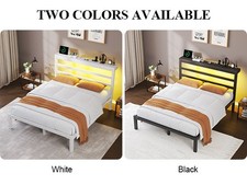 Queen/King Size Metal Bed Frame with Storage Headboard, Charging Station and LED