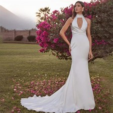 Mermaid Wedding Dress Sweep Train Backless Pearls Beading Sleeveless Button