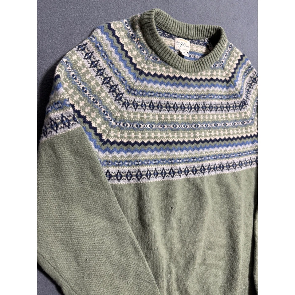 J Crew Mens Lambswool Fair Isle Sweater Green Blue Size Medium Pullover - Image 2 of 4