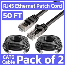2 Pack 50 FT Cat6 Ethernet Patch Cord Black RJ45 LAN Network Cable Internet Cord