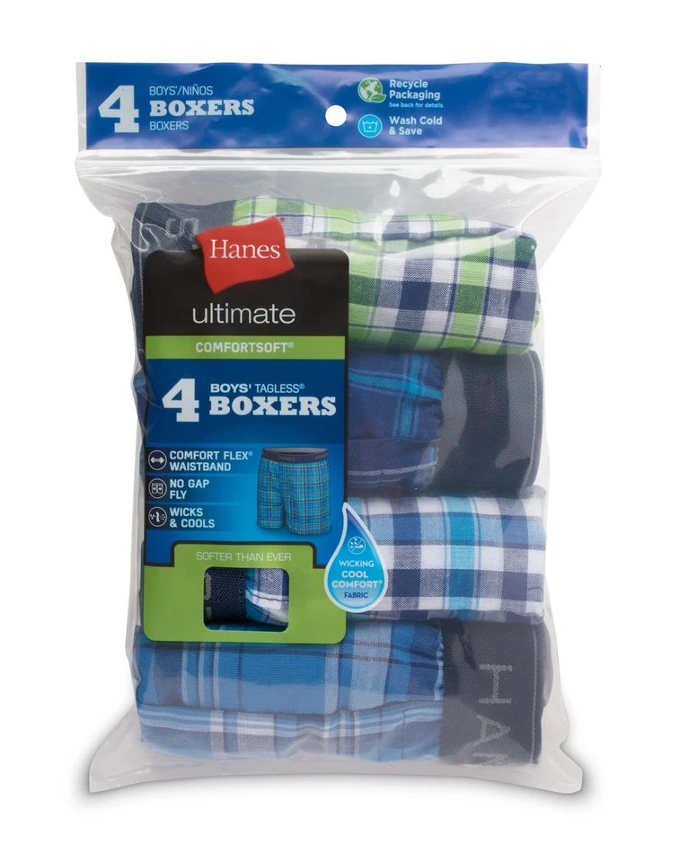 Hanes 4-Pack Boxer Briefs Ultimate Boys Woven ComfortSoft Waistband Plaids S-XL
