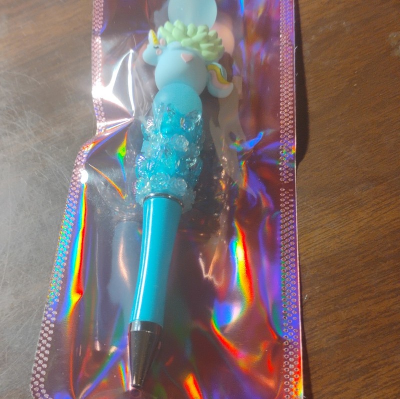 Novelty Unicorn Topper Ballpoint Pen Blue Decorative Beads Black Ink Plastic New