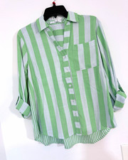 Women s Green White Striped Collared Button-U...