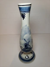 Delft Blauw Blue VTG Vase Hand Painted Holland 9.75” x 3.5” Windmill & Sailboats